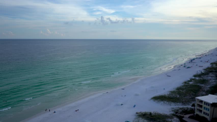 Morning Aerial shot of beach at the Fort Walton beach in Destin Florida. Turquoise water of gulf of Mexico at the emerald coast in Florida.