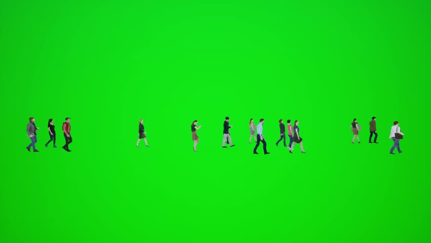3D animation of a crowd of people walking down the street to visualize the visual effects of the chroma key green screen Royalty-Free Stock Footage #1109182705