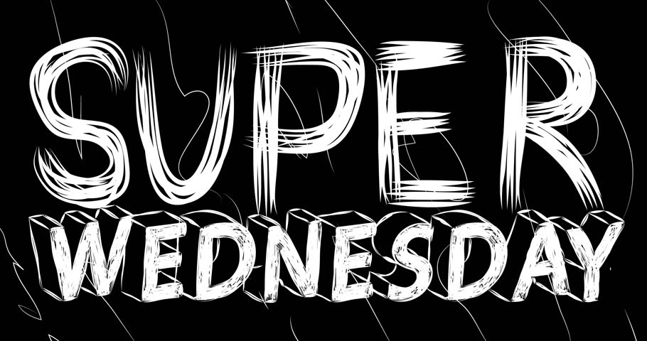 Super Wednesday word animation of old chaotic film strip with grunge effect. Busy destroyed TV, video surface, vintage screen white scratches, cuts, dust and smudges.