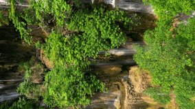 Vertical video. Amazing aerial view of a serene Kuang Si waterfall and tropical green forest in Laos.