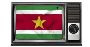 Waving flag of Suriname on the screen of an old TV set, isolated in white background. 3d animation in 4k resolution video.
