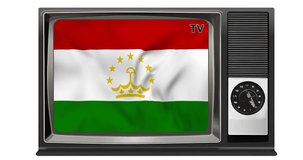 Waving flag of Tajikistan on the screen of an old TV set, isolated in white background. 3d animation in 4k resolution video.