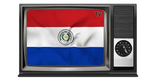 Waving flag of Paraguay on the screen of an old TV set, isolated in white background. 3d animation in 4k resolution video.