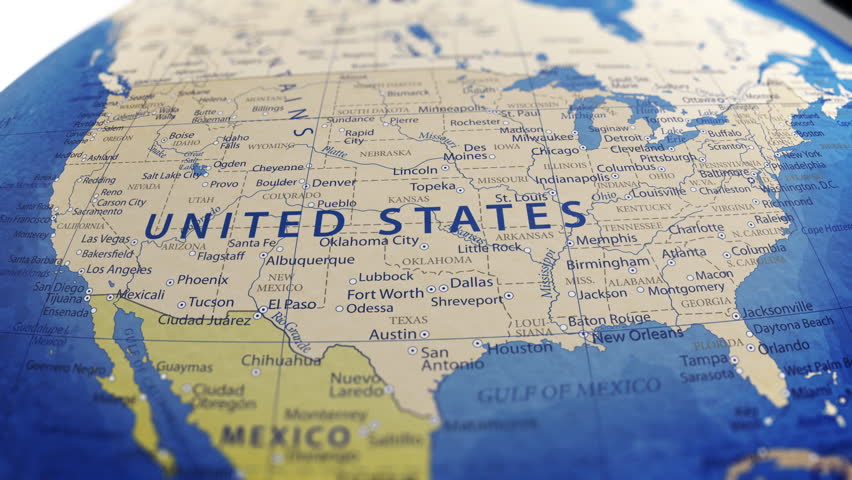 Atlas map of the world globe spinning zooming in and focusing on the country of USA, America, American, states, US, Canada. Showing area, motion video stock in HD and 4K 