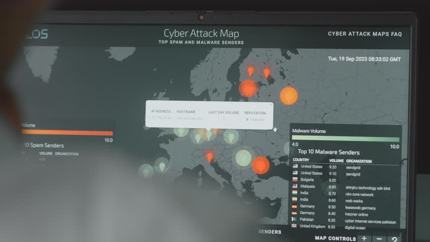Global cyber attack with world map on computer screen, Europe and Russia on map. Internet network communication under cyberattack. Worldwide propagation of virus online. Closeup. Royalty-Free Stock Footage #1109196295