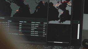 Global cyber attack with world map on mobile phone and computer screen. Internet network communication under cyberattack. Worldwide propagation of virus online. Closeup. - Powered by Shutterstock - Get 15% off with code: PIKWIZARD15