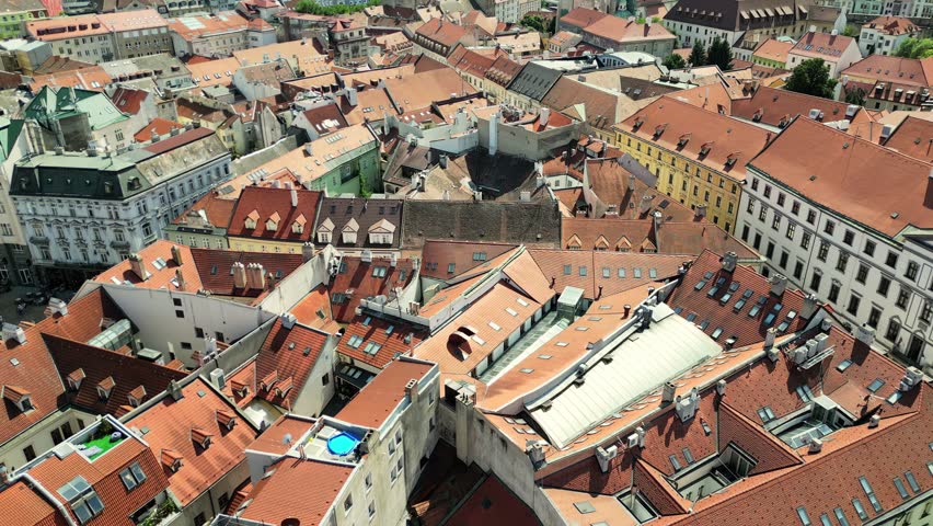 Ancient Structures On Old Town Street In Bratislava, Slovakia aerial drone view. Bratislava city skyline in 4K. Cityscape in Background. High aerial drone view of Bratislava city Royalty-Free Stock Footage #1109196947