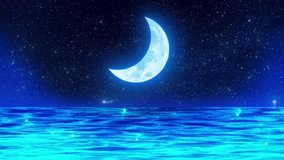seamless Loop of beautiful crescent moon in starry night sky over glowing river with currents and waves - Powered by Shutterstock - Get 15% off with code: PIKWIZARD15