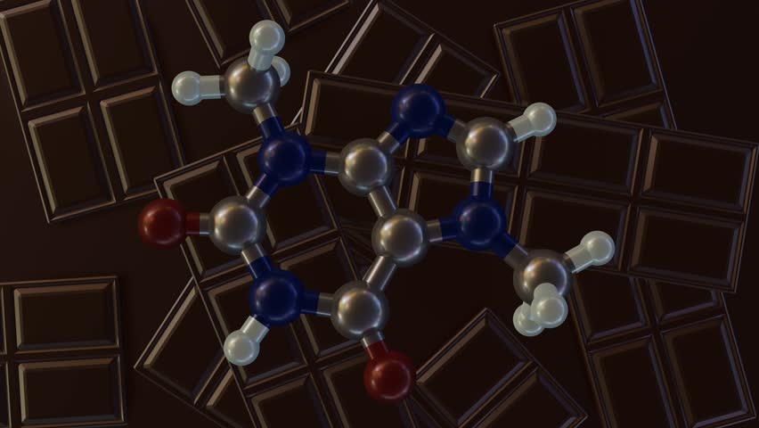 Theobromine or xantheose, is the principal alkaloid of Theobroma cacao. theobromine molecules and chocolate bar 3d rendering Royalty-Free Stock Footage #1109201531