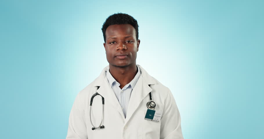 Tablet mockup, green screen and doctor in portrait with healthcare advertising, medical app and ads on blue background. black man, telehealth and hospital site promo with marketing and blog in studio