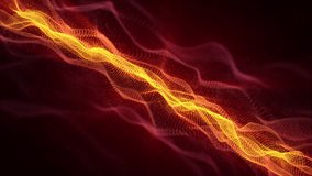 Looped animation of moving abstract waves made of hot yellow and purple particles on a dark background , 4k , 60 fps