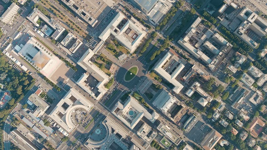Rome, Italy. Piazza Guglielmo Marconi. District EUR - Quarter is a vast complex of buildings built on the orders of dictator Benito Mussolini, Aerial View, HEAD OVER SHOT