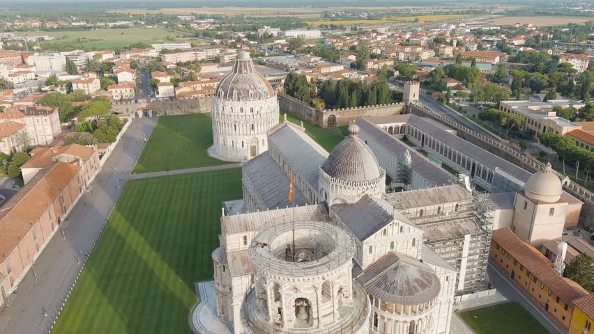 Pisa, Italy. The famous city with the leaning tower. Pisa Cathedral in Piazza dei Miracoli. Summer. Morning hours, Aerial View Royalty-Free Stock Footage #1109204387