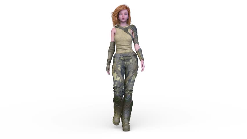 3D rendering of a walking female warrior