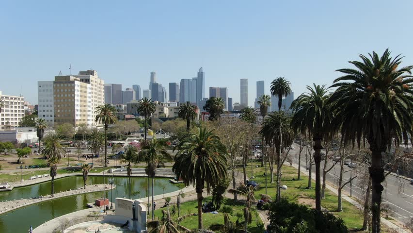 Aerial Los Angeles Downtown MacArthur Park and Palm Trees L California USA