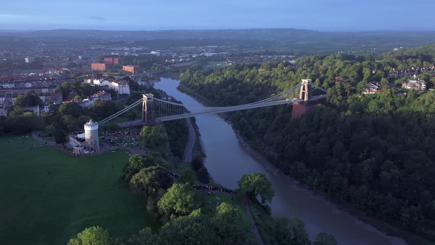 Aerial over the Avon Gorge and Clifton Suspension Bridge, Bristol, England