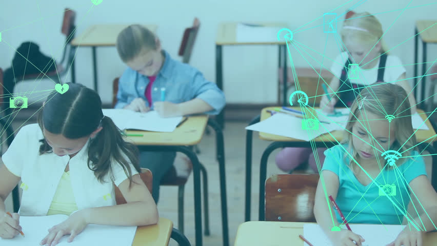 Animation of globes of digital icons against diverse students studying in the class at school. School, education and technology concept | Shutterstock HD Video #1109207789