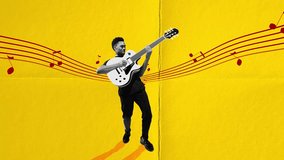 Positive, emotional, artistic african man playing guitar against yellow background. Jazz, rock and roll. Stop motion, animation. Concept of music, festival, inspiration, art, fun, party and event - Powered by Shutterstock - Get 15% off with code: PIKWIZARD15