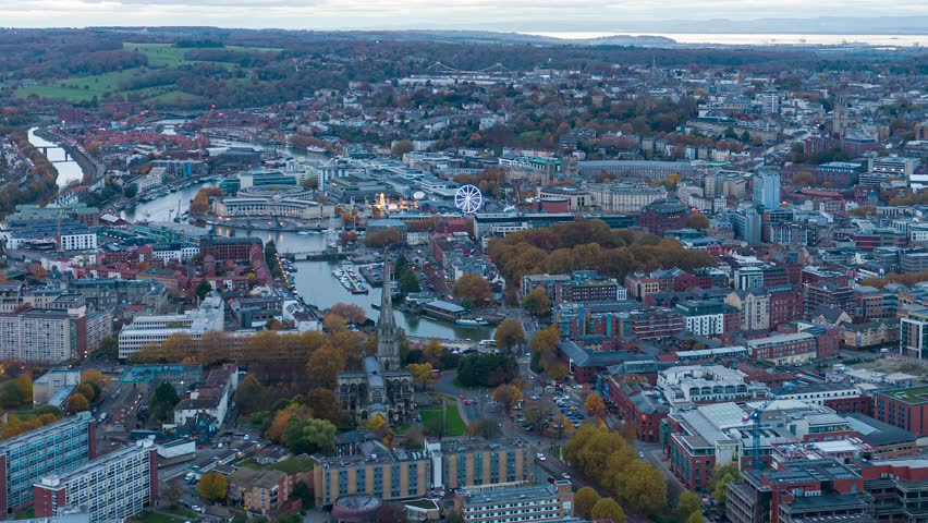 Aerial hyperlapse of Bristol city center, Bristol, England