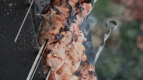 Vertical video. Male hands cooking shish kebab grilling on skewers outdoors. BBQ, food on grill.