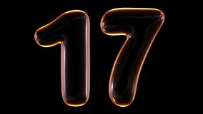 Seamless animation of glowing number 17 with light and reflections isolated on black background in 3d rendering.