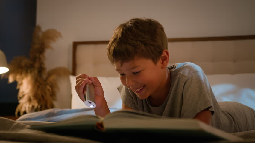 Smiling happy little cute caucasian child kid boy schoolboy reading interesting book evening in bedroom holding flashlight lying on bed at home read fairytale story for night bedtime enjoying learning | Shutterstock HD Video #1109212891