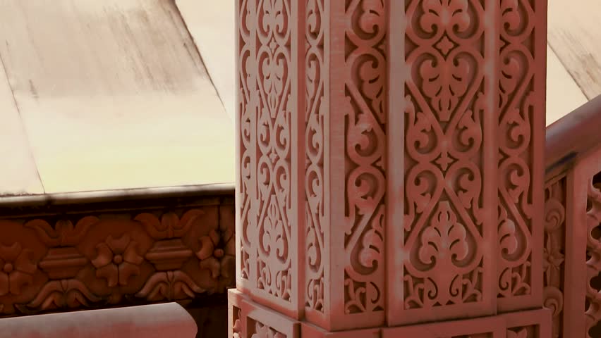 artistic hand carved red stone jain temple at morning from unique angle video is taken at Shri Digamber Jain Gyanoday Tirth Kshetra, Nareli Jain Mandir, Ajmer, Rajasthan, India.