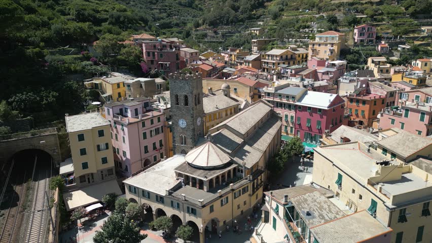 Aerial Drone Shot Above Monterosso, Small Town in Cinque Terre, Italy Royalty-Free Stock Footage #1109214127