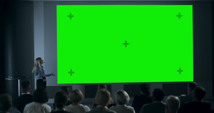 Corporate Event: Caucasian Female Tech CEO Giving Presentation On Green Screen Chromakey Projector Display To Colleagues In Conference Room Of Startup Office. Woman Talking About Business Objectives. | Shutterstock HD Video #1109215795