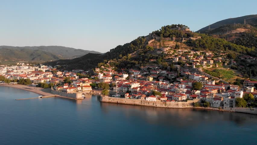 Nafpaktos Aerial Footage, Early Morning Shot of Old Town Port and Venetian Fortress, Point of Interest Drone Shot