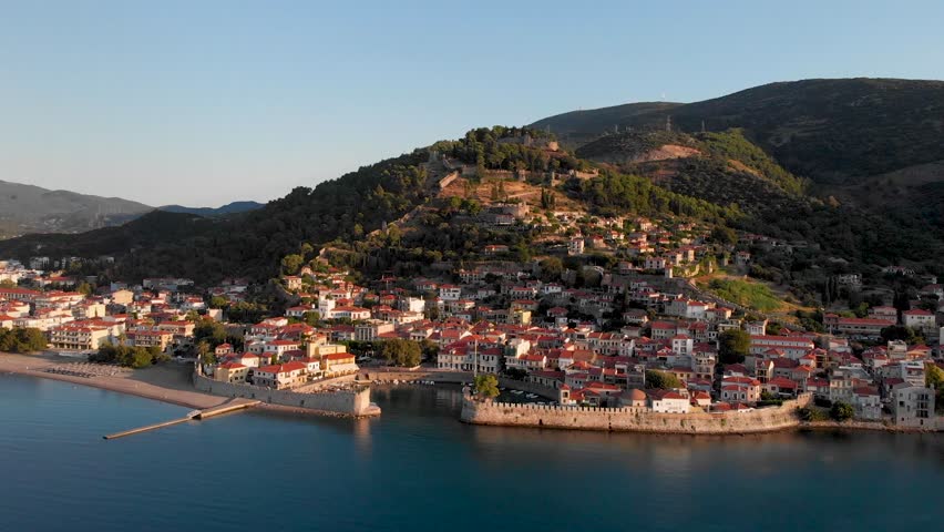 Nafpaktos Greece Aerial Point of Interest Footage, Old Town City Port and Venetian Fortress, Morning Light Drone Shot
