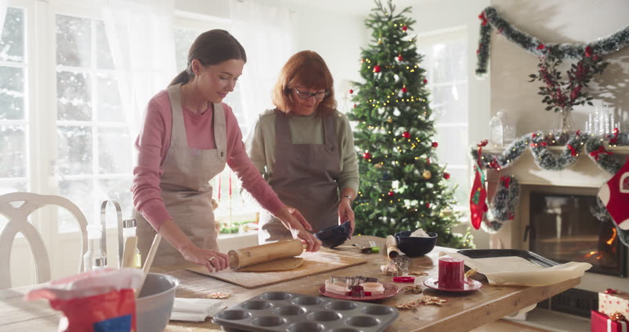 Slow Motion Portrait of Adult Mother and Daughter Preparing Christmas Dinner for Guests. Beautiful Woman and her Senior Mother Bonding While Cooking, Talking, Spending Time Together on Holidays Royalty-Free Stock Footage #1109217975