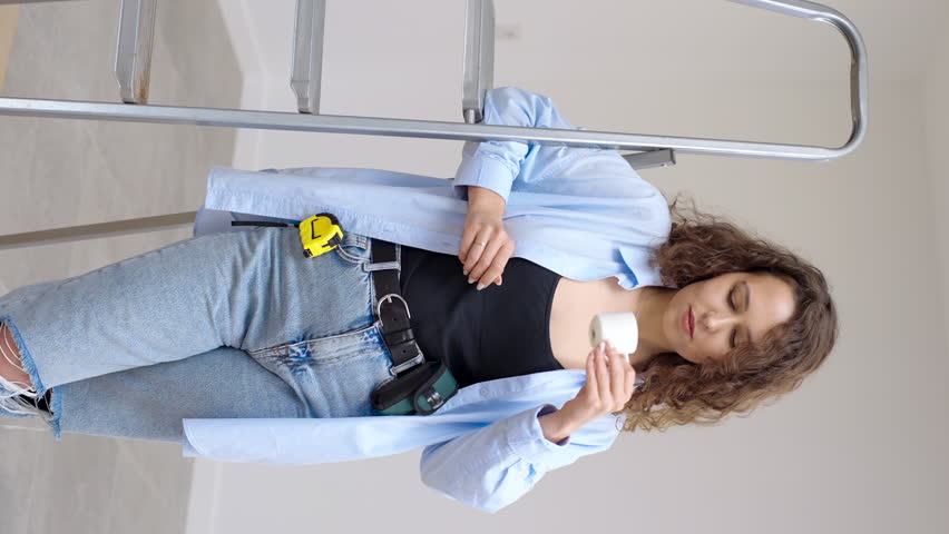 Designer girl holding a coffee cup and looking at camera and thinking about ideas for her work