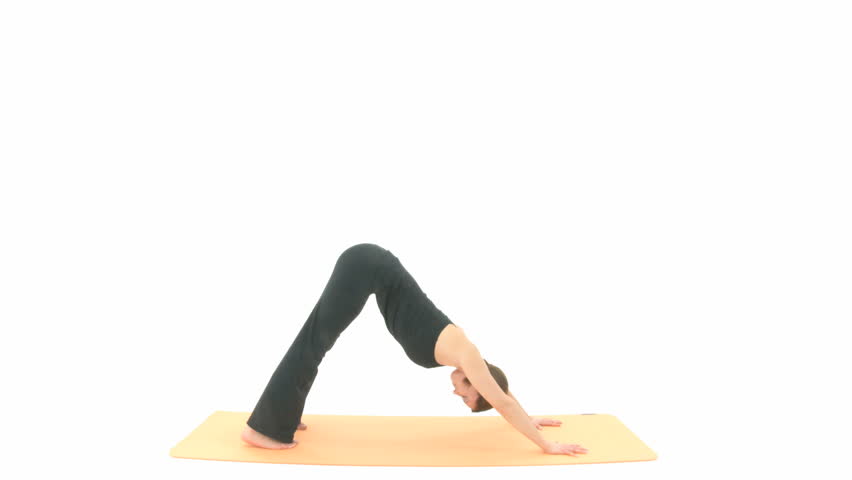 Yoga Asana in sequence: Three-legged Dog, One-legged Dog, Three-legged Downward