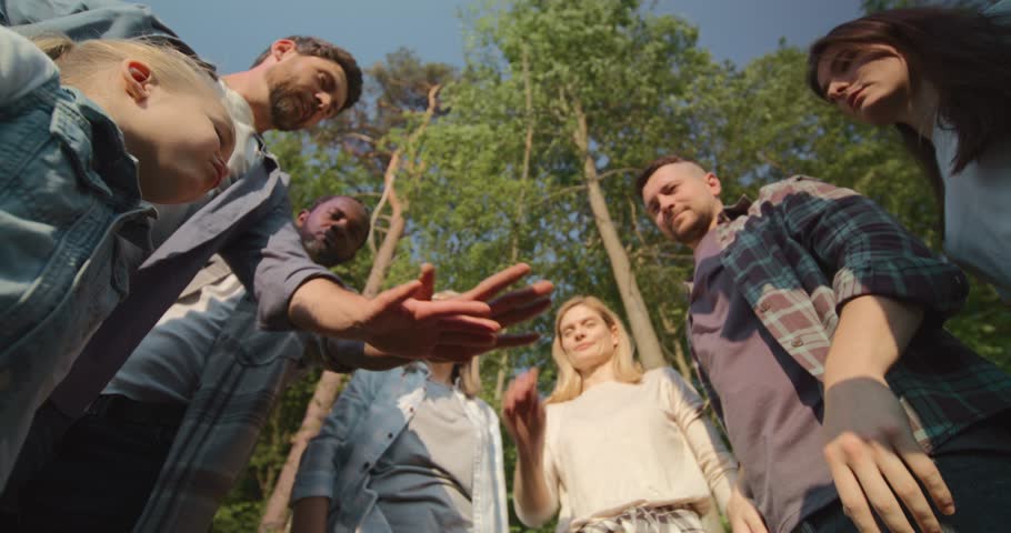Close-up of hands of joyful group of friends. Cheerful having great time together in forest enjoying fresh air and company. Diverse group of African American and Caucasian people having fun.