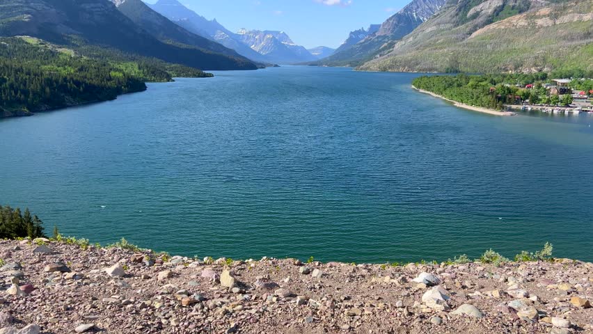 Panning up on the Waterton Lake view from the Prince of Wales Hotel at Waterton Lake National Park in Waterton Park, AB Canada.