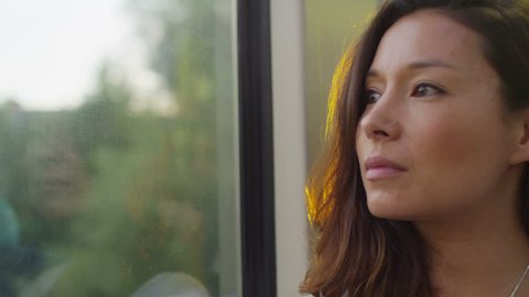 4K Attractive woman in thought looking out of a train window in slow motion, shot on RED EPIC