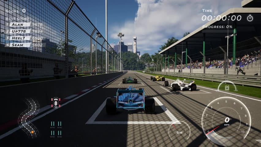Streaming the modern Formula 1 video entertainment game. Streamer playing the new Formula 1 game against online opponents. Streamer achieves the victory in the Formula 1 game race challenge. Hobby. Royalty-Free Stock Footage #1109230301