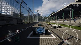 Streaming the modern Formula 1 video entertainment game. Streamer playing the new Formula 1 game against online opponents. Streamer achieves the victory in the Formula 1 game race challenge. Hobby.
