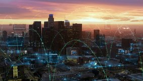 
Aerial view of Los Angeles with Finance, Technological Holographic Elements. LA Financial District Skyscrapers at Sunset. Bar and Pie Charts. AR. Wifi 5G Network over Futuristic City. IOT. Shot in 8K - Powered by Shutterstock - Get 15% off with code: PIKWIZARD15
