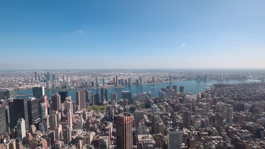 Panoramic view till down on skyscrapers buildings Manhattan on Hudson river background. New York, USA. | Shutterstock HD Video #1109231871