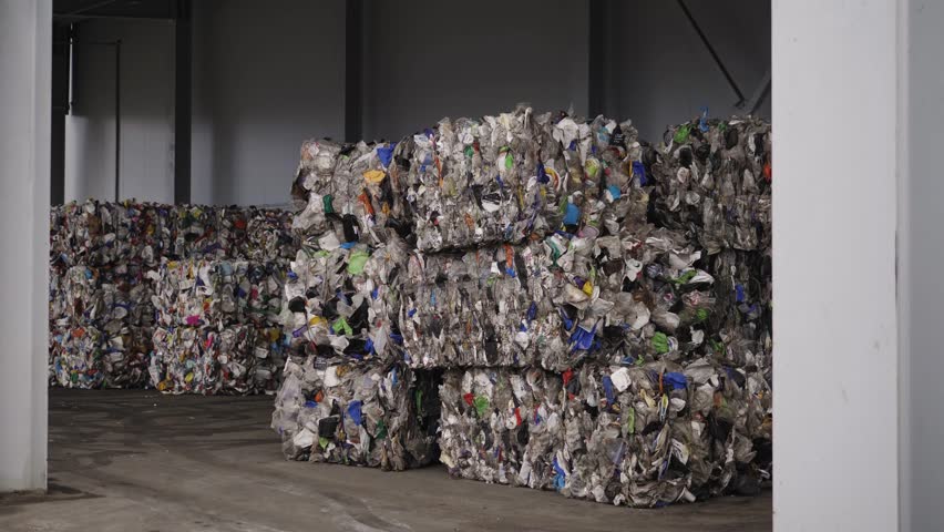 Garbage Recycling Factory, Plastic cubes for recycle Plant, Bales of pressed boxes, rubbish warehouse collection. Preparation of recyclables for recycling, Plastic city garbage.