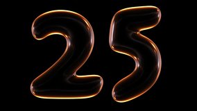 Seamless animation of glowing number 25 with light and reflections isolated on black background in 3d rendering.