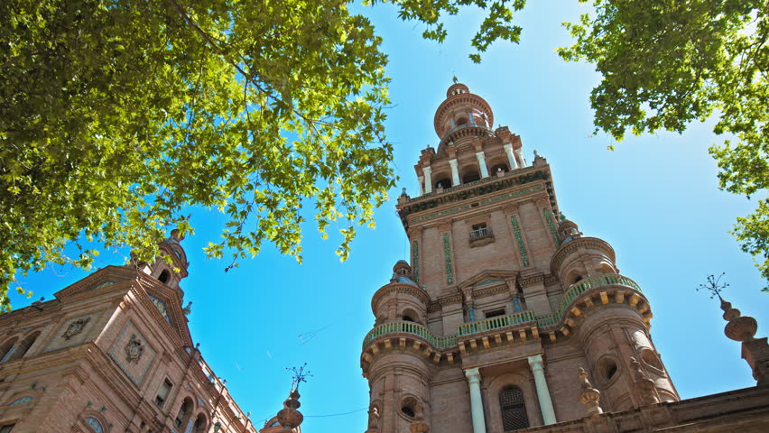Famous Iconic Spanish attraction Torre Norte in Plaza de España in Seville. Symbol and cultural landmark of Seville in Spain, Europe.