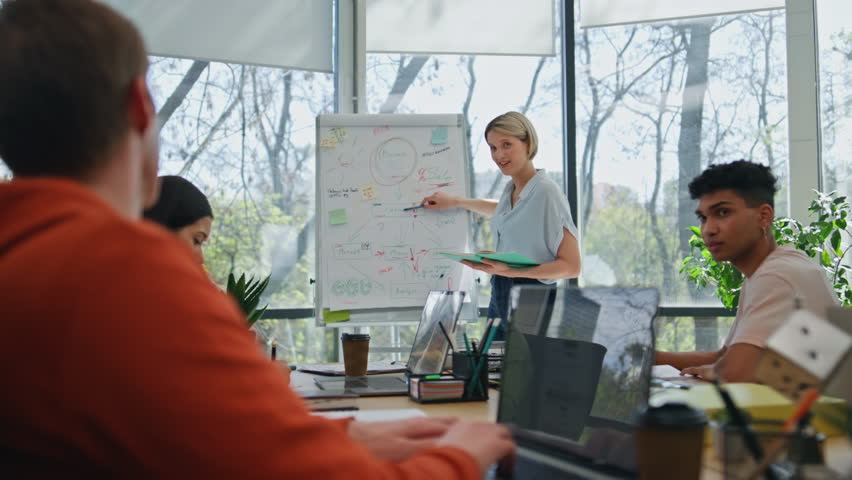 Coach woman telling flipchart meeting in panoramic windows room. Successful businesswoman pointing hand to whiteboard in modern office. Female corporate supervisor making presentation for colleagues  Royalty-Free Stock Footage #1109244785