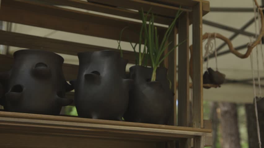 dolly close up shot of stylish earthenware and whistles at the fair