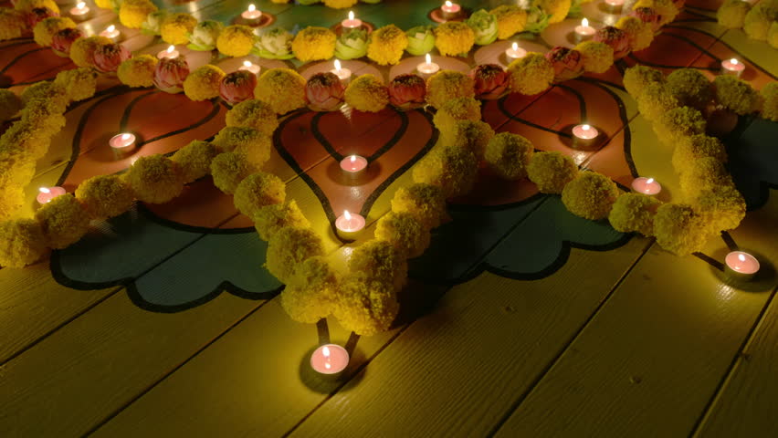 Marigold Flower Rangoli in during diwali celebration, Diwali, or Deepavali, is India