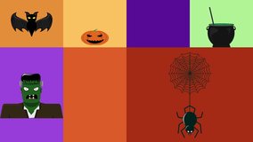 Happy Halloween season banner design, 4k video animation. Thrilling lettering, bat, candy, pumpkin, spider, gravestone and monster characters design with colorful background. Halloween fun party card.