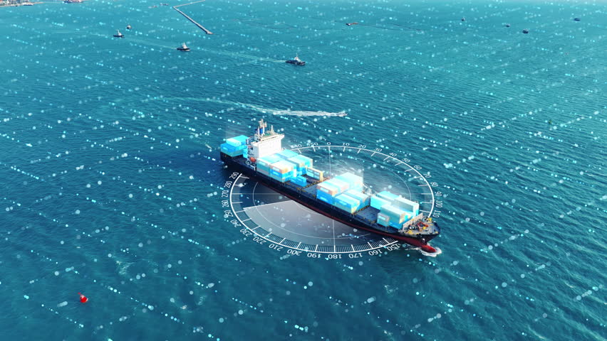 AI Cargo ship technology. Global Logistics international delivery concept, World map logistics and supply chain network distribution container Ship running for export import to customs ocean 