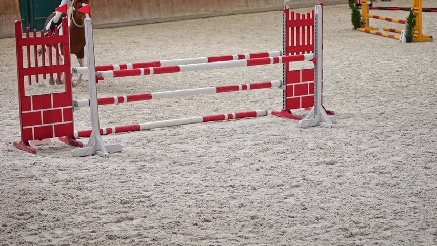 Rider on horse clearing obstacles, indoor sandy arena, Bridleless Riding Competition. | Shutterstock HD Video #1109263237